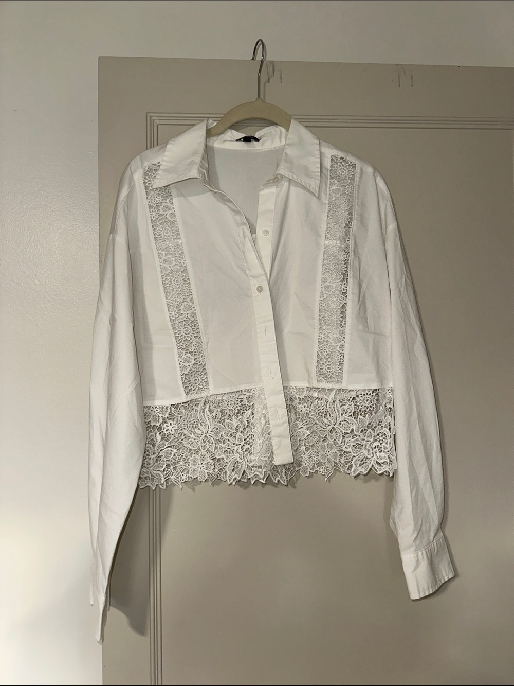 White Lace-Trim Button-Up Shirt